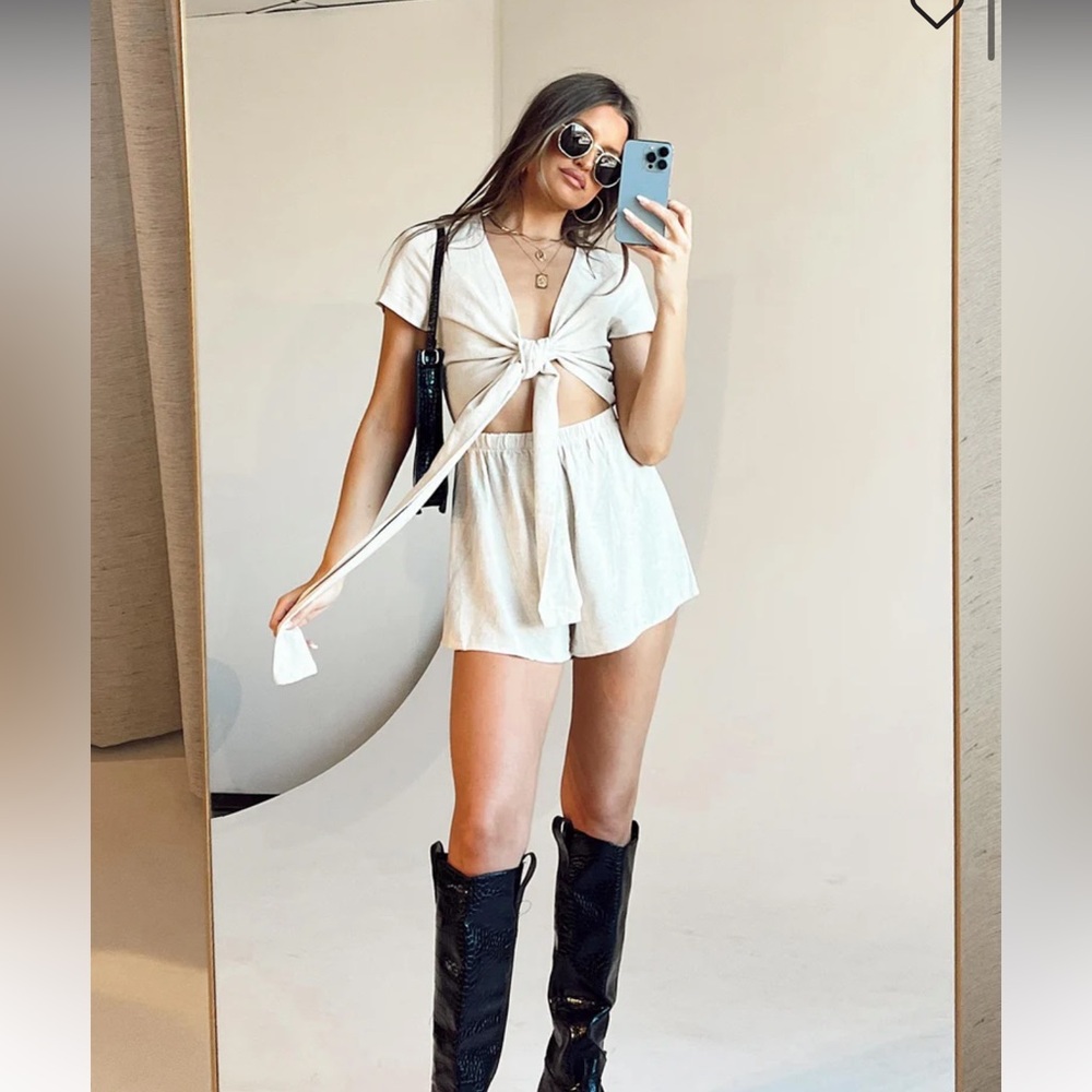 Princess Polly Ragnar Tie Front Romper Beige